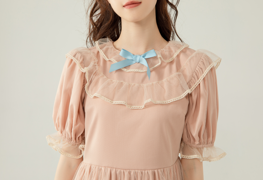 Kawaii Japanese Lolita Organza Dress with Ruffles Puff Sleeves Pink Fairycore Aesthetic